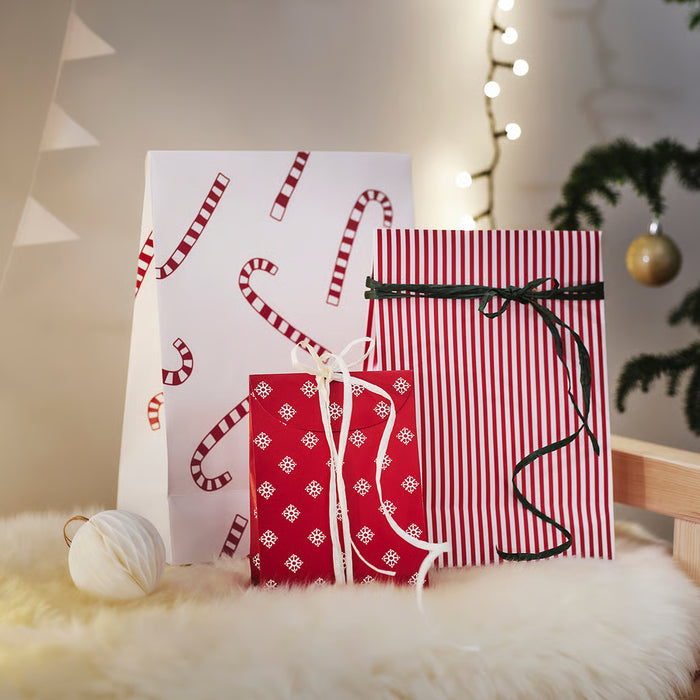 IKEA VINTERFINT gift bag set of 3 in mixed red patterns, paper bags in three sizes