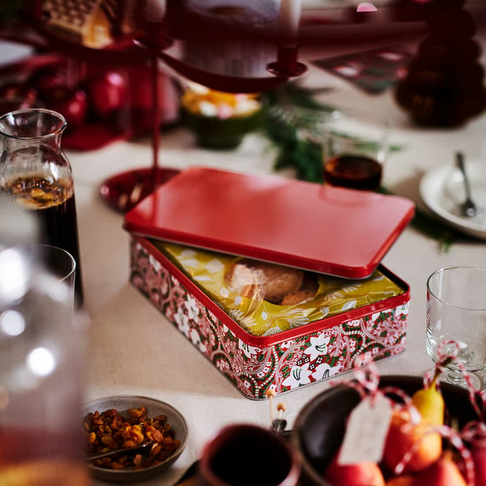 IKEA VINTERFINT Tin with lid, flower pattern red, 29x20x8 cm (11 ½x7 ¾x3 ¼ ")