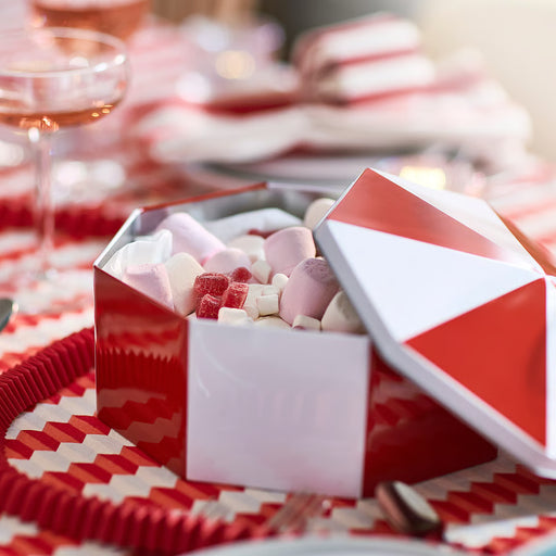 IKEA VINTERFINT white and red tin with lid, second view of the festive design for cookies and snacks