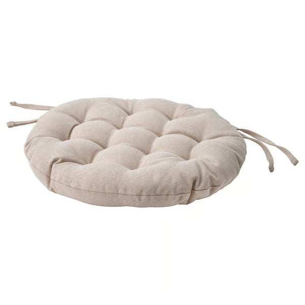 KEA VIPPÄRT beige round chair pad 38cm with fabric ties, top view on white background #20612160
