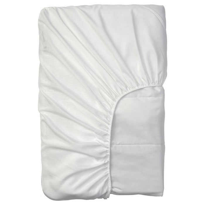 Folded white IKEA VIPPVEDEL mattress protector with elastic edges, designed for a snug fit over mattresses. Quilted design for extra comfort, stain resistance, and breathability.