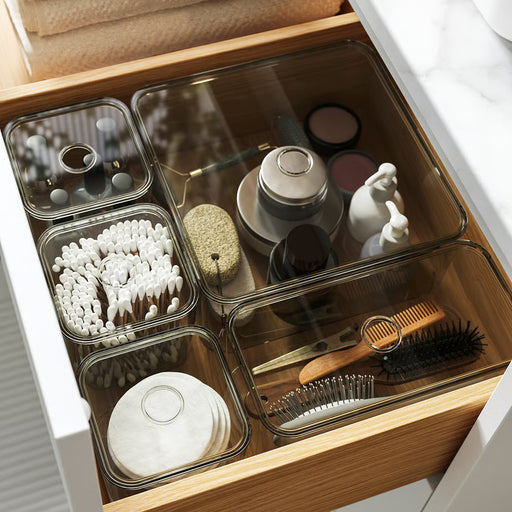 IKEA VISSLAÅN grey boxes organising bathroom drawer with cotton swabs and hair accessories
