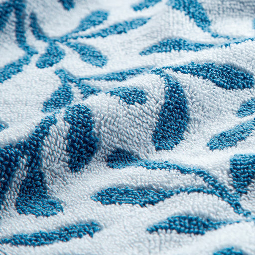 Close-up of IKEA VITBACKEN cotton terry bath towel showing blue leaf pattern and soft weave