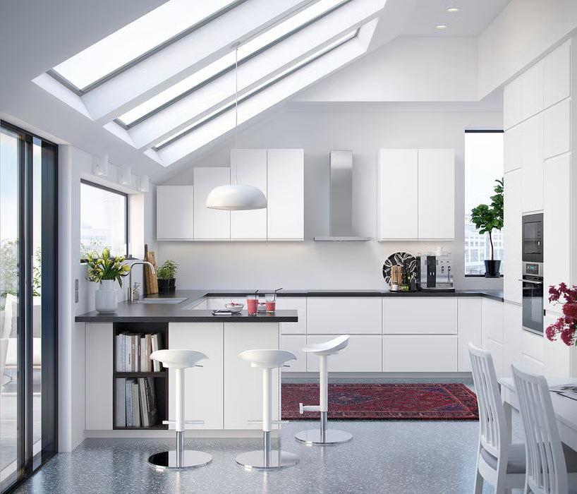 IKEA VOXTORP matt white doors installed in modern minimalist white kitchen with bar stools and skylights