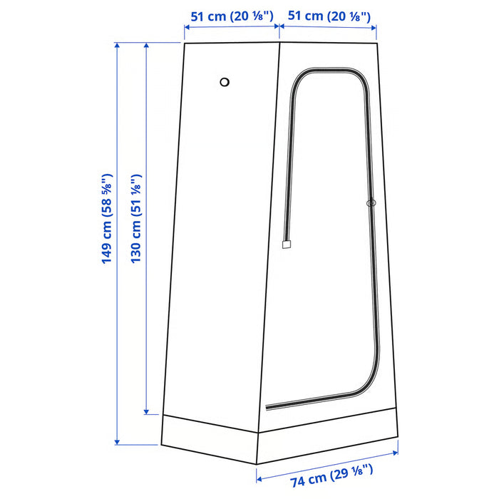  IKEA VUKU wardrobe technical illustration with dimensions 74x51x149cm