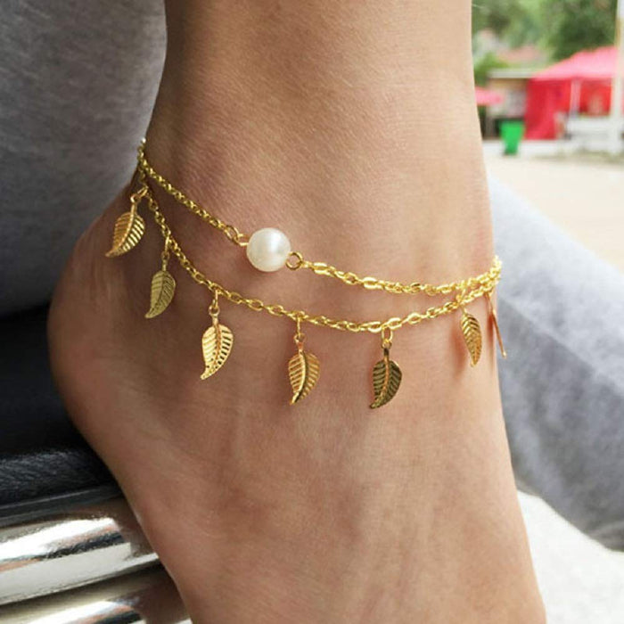 Digital Shoppy Gold Plated Leaf Crafted Pearl Charm Anklet Bracelet Foot Jewelry for Women - 1 Pair--FREE SHIPPING - digitalshoppy.in