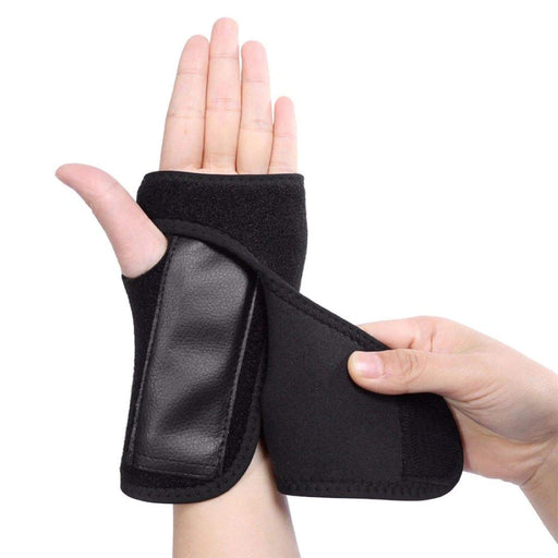 A close-up of a wrist support brace with adjustable straps and metal splint.