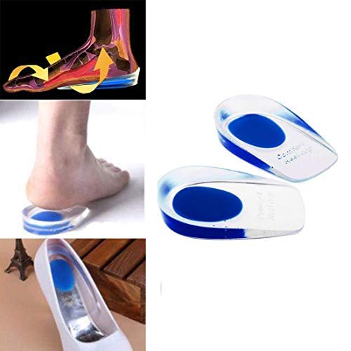 A pair of silicone gel heel pad protector insole cups for foot pain relief.