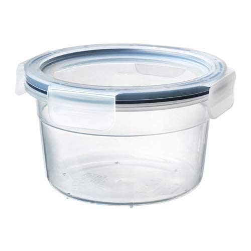 Round plastic food container from IKEA with a lid, perfect for storing food items securely 80359146, 30361788.