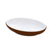 Soap dish: A brown soap dish with a curved design to hold a bar of soap.