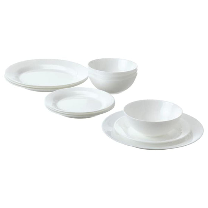 A white porcelain dinner plate set with a simple yet elegant design. 00458602