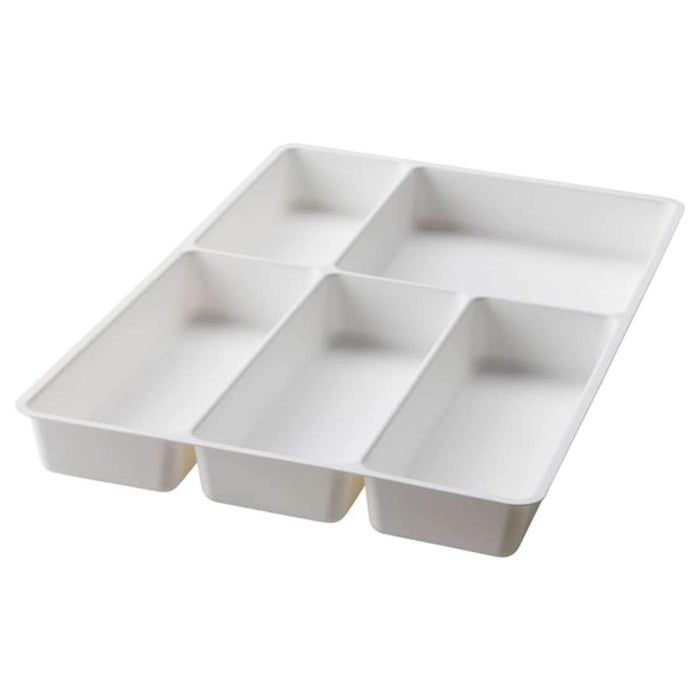 A white plastic IKEA cutlery tray with compartments for knives, forks, spoons, and other utensils.