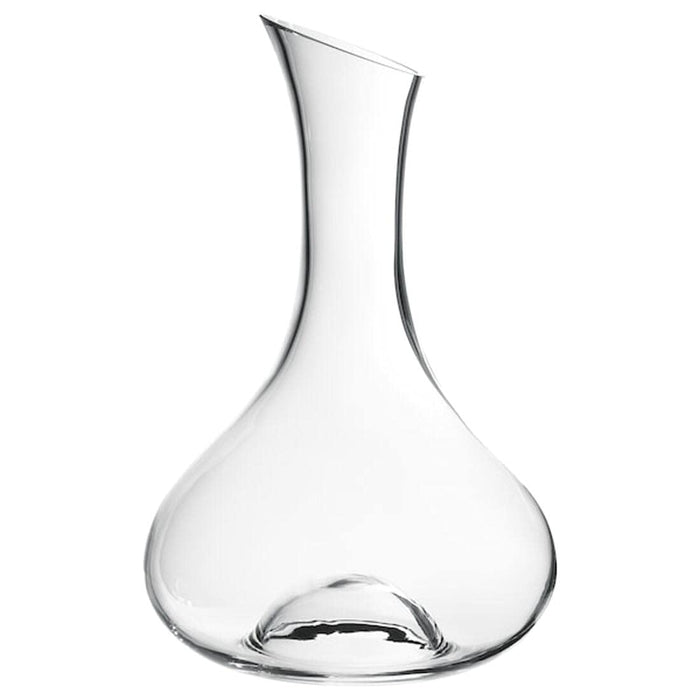 A clear glass carafe with a sleek and modern design, perfect for serving water or other beverages.
