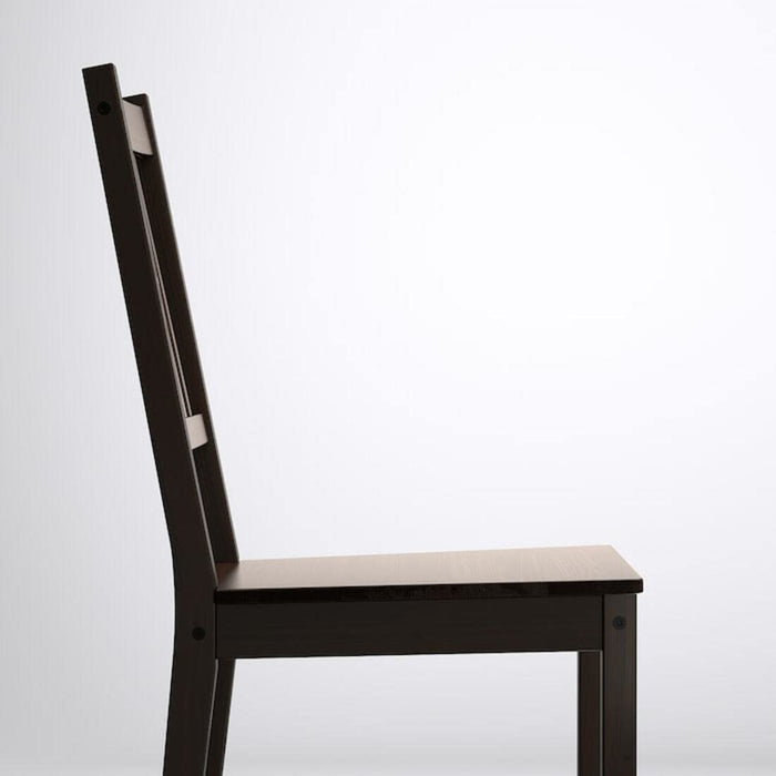 A close-up of an Ikea chair, made of durable material , An image of the IKEA chair in brown-black from a side angle, showing the chair's sturdy construction and elegant design. The legs of the chair are slightly angled and made of a dark wood material.  80363426