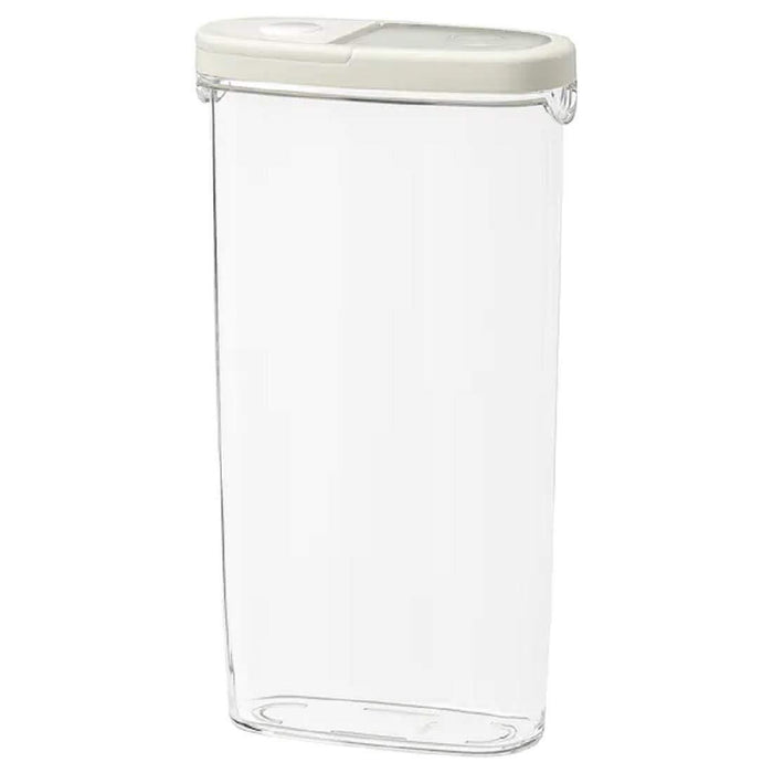 Clear plastic dry food jar with a white lid and airtight seal