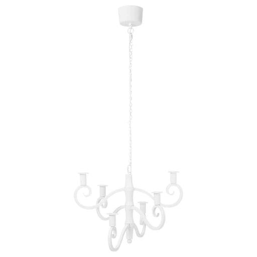 A white STRÅLA LED chandelier with six arms and frosted glass shades, hanging from a white ceiling904.768.66