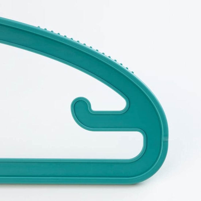 A close-up of the textured surface of the IKEA Turquoise Hanger, which prevents clothes from slipping off.