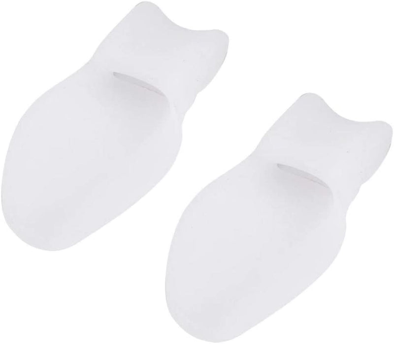 pair of toe orthotics made of soft silicone with a textured grip to prevent slipping.