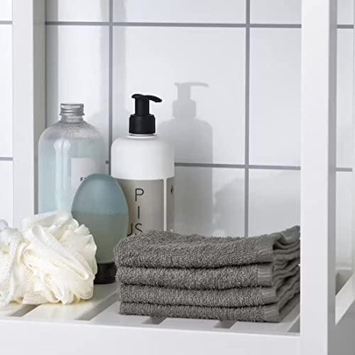 A grey hand towel from the Ikea 6 Piece Combo Set, hanging on a silver towel bar next to a white sink.