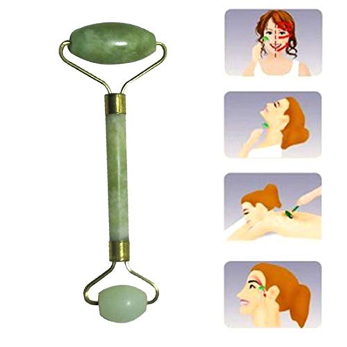 A jade double head facial massage roller by Kanbuder, designed to help slim and sculpt the face and promote relaxation.