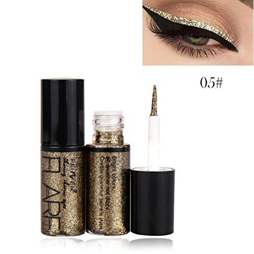 A woman's eye with a thick line of Professional Makeup Liquid Glitter Eyeliner above the lashes, featuring a sparkling effect and silver rose gold color.