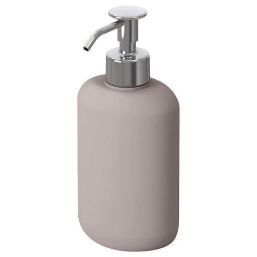 Soap dispenser: A beige soap dispenser with a pump to dispense liquid soap or lotion.