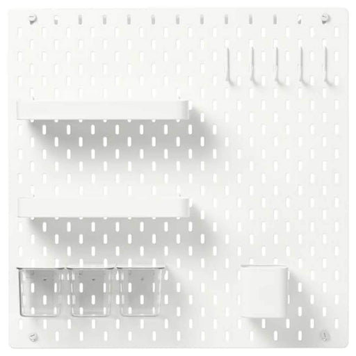 A set of pegboard accessories including hooks, shelves, and baskets in various colors. 39216594