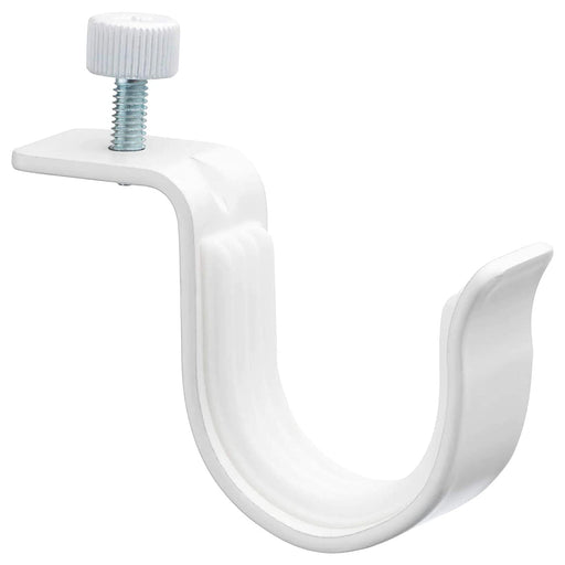 A white metal bracket with a curved design, designed to hold curtain rods and mount onto walls or ceilings.