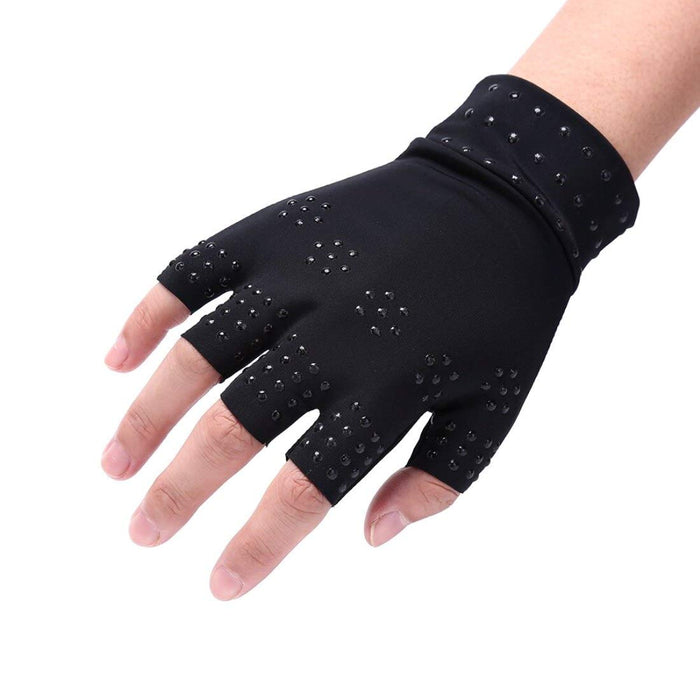 An overhead view of a pair of Magnetic Therapy Fingerless Massage Gloves, highlighting their fingerless design and high-quality materials.