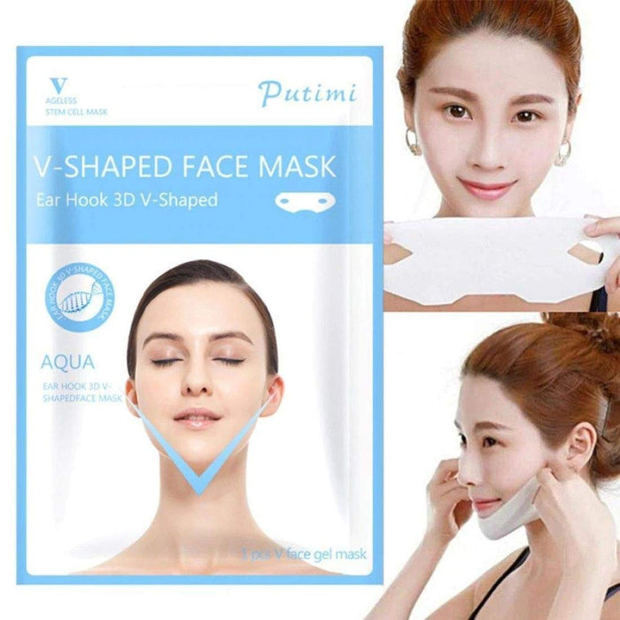 Digital Shoppy  V Shaped Facial Mask Chin Cheek Lift Up Slimming Face Mask (A)(FREE SHIPPING) , Alt text for an image of a person wearing a V-shaped facial mask: "Person wearing a V-shaped facial mask with adjustable straps, lifting the chin and cheeks to create a more defined and sculpted appearance. - digitalshoppy.in