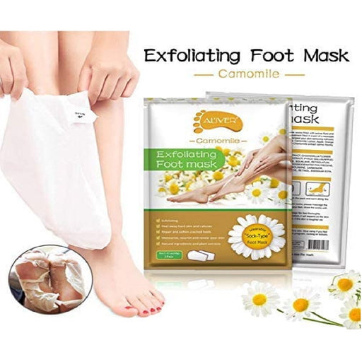 A close-up of a foot covered in the ALIVER Camomile Feet Exfoliating Foot Mask sock, showing the peeling process.
