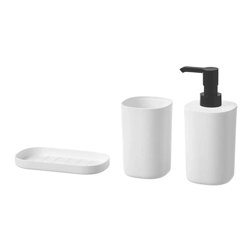 A white plastic soap dish, dispenser, and toothbrush holder arranged in a set. 50429004