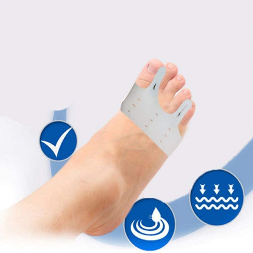 A thumb valgus protector made of soft and flexible silicone gel for added comfort and protection.
