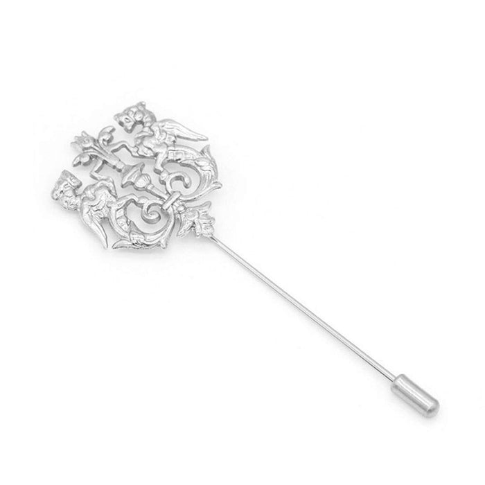 A vintage-inspired brooch pin for men featuring an intricate design and a silver finish.