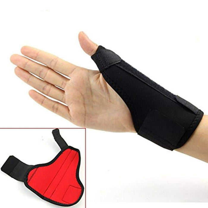A joint protection brace with padded support for the wrist and thumb, designed to prevent injury during sports activities.