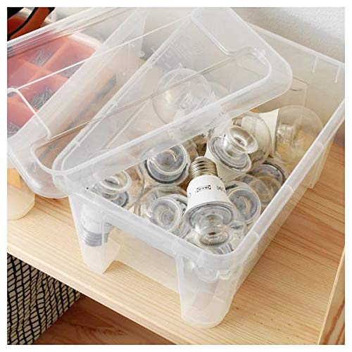 A storage container made of polypropylene material with a clear body and a snap-on lid from Ikea.