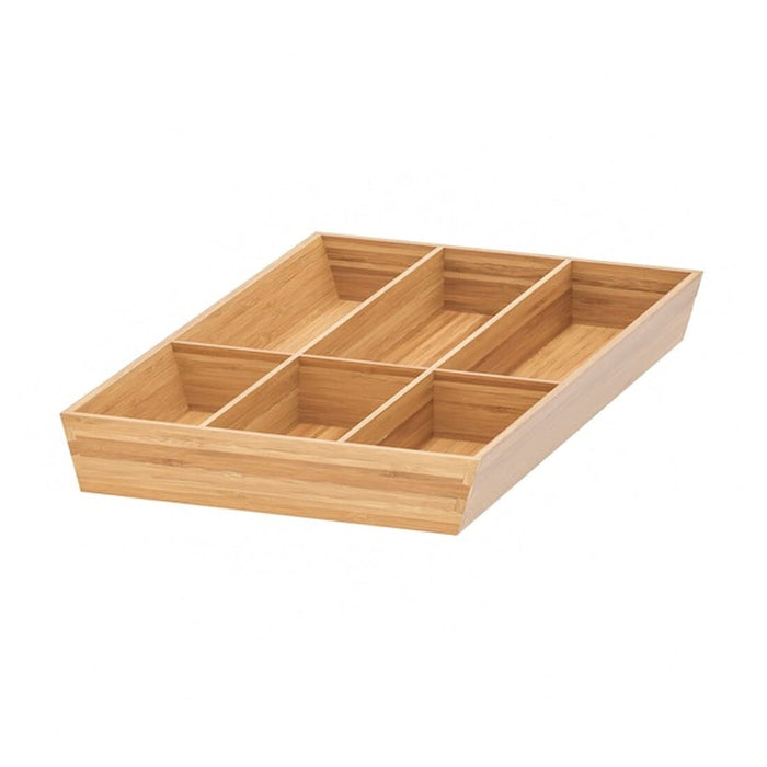A bamboo cutlery tray with multiple compartments for organizing utensils.