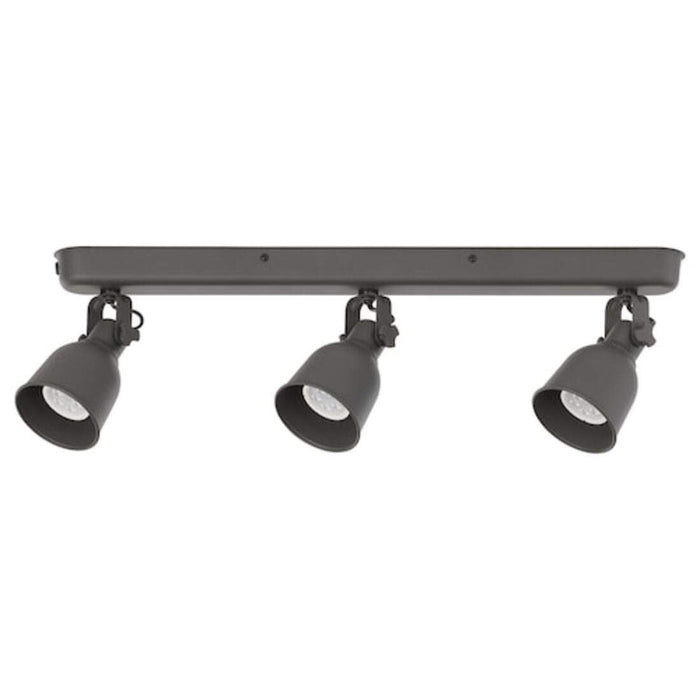 A black ceiling track with three adjustable spotlights for modern lighting 90325636