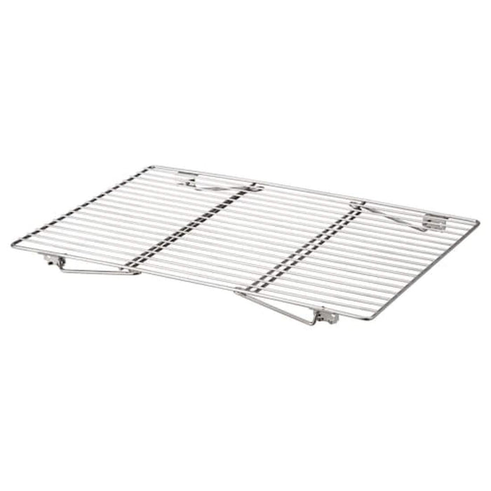 An oven safe cooling rack made of stainless steel wire with a non-stick coating, featuring a flat surface and raised feet to keep food elevated.