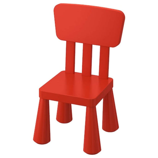 A red IKEA Children's Chair designed for both indoor and outdoor use, featuring a stackable, easy-to-clean design with a rounded seat and backrest.