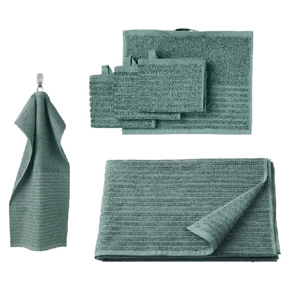 A Grey-Turquoise.bath towel from the Ikea 6 Piece Combo Set, folded neatly on towel rack.