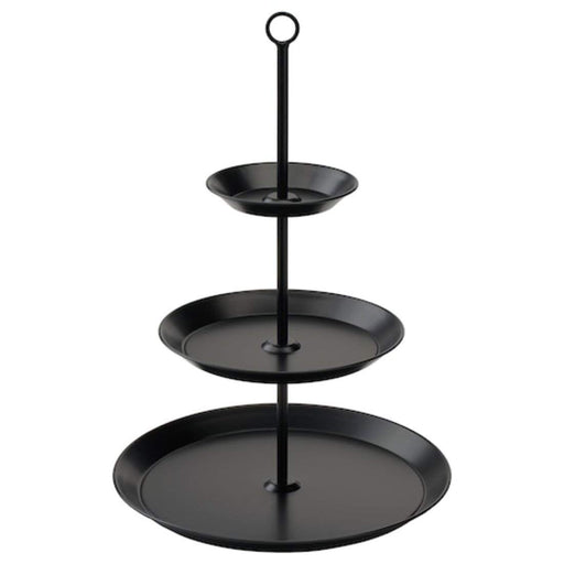 Digital Shoppy IKEA Serving Stand, Three Tiers, Black, A black three-tiered serving stand from IKEA, with neatly arranged plates of desserts and drinks. 40477095