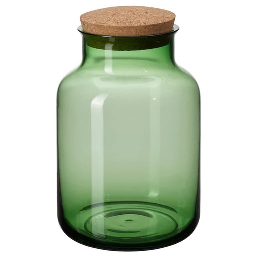 Digital Shoppy IKEA Jar with lid, green/cork, 2.5 l., price, online, storage glass ware,  A green and cork IKEA jar with lid, standing on a wooden shelf with a variety of dry goods inside.  70500787