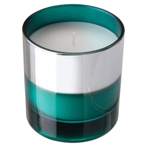 A home decor accent, a scented candle in a glass jar, emitting an inviting aroma and adding elegance to any space.