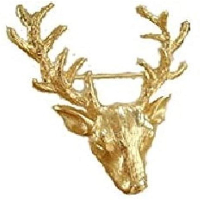 A close-up of a gold color collar pin brooch with a long horn deer elk head design, perfect for both men and women's fashion accessories.