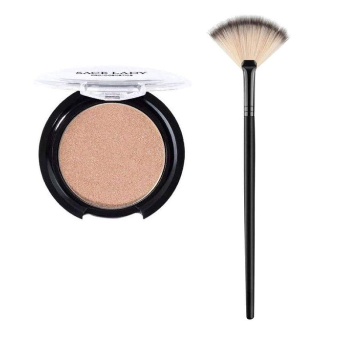 A woman's face with SACE LADY Highlighter applied to the cheekbones. The highlighter is a subtle, shimmery powder that adds a natural glow to the skin.