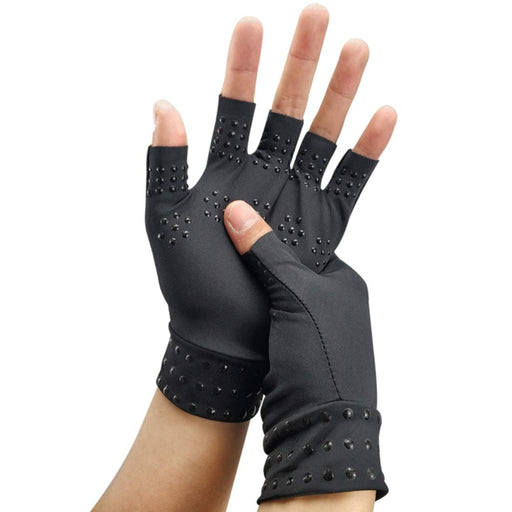 A product shot of Magnetic Therapy Fingerless Massage Gloves, showcasing the quality materials used in their construction and the magnets that provide targeted pain relief.
