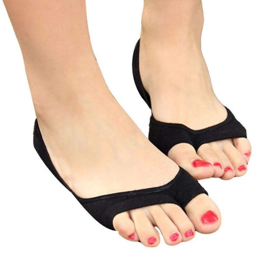 A pair of thin open toe socks for women, lying on a white background. Alt text: "Pair of thin open toe socks for women.