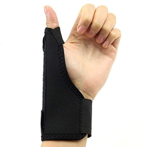 A close-up image of the wrist and thumb splint brace showing the adjustable straps and breathable fabric material.