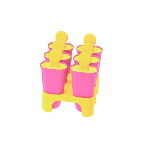 A set of four silicone popsicle molds from IKEA, it different bright color, filled with frozen fruit and yogurt popsicles.-60208479